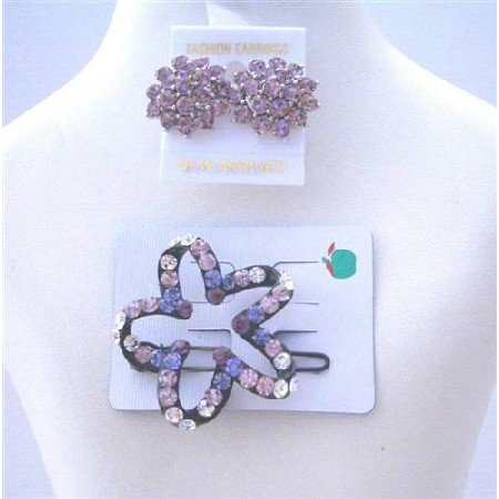 HA190 Star Flower Hair Barrette Ametheyst Crystals w/ Crystals Earrings