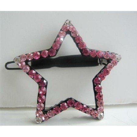 HA146 Rose Pink Crystals Star Hair Barrette Party Austrian Crystals Hair Clip