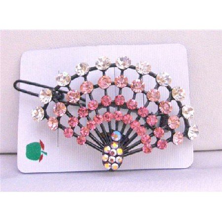 HA105 Rose Pink Light Dark Crystals Hair Clip w/ Clear Crystals Clip