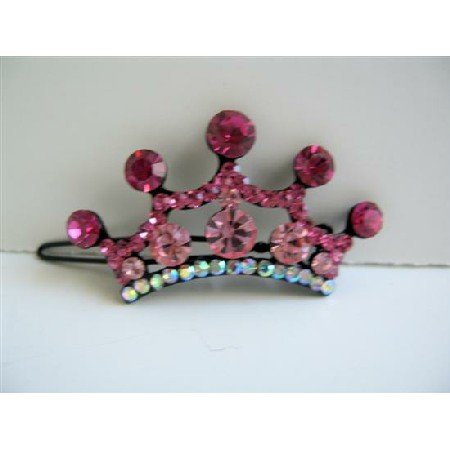 HA303 Pink Sparkling Hair Barrette Crown Crystals Hair Barrette Clip