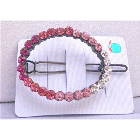 HA103 Rose Crystals Barrette Rose Pink LIght & Dark w/ Clear Crystals Clip