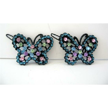 HA203 Aquamarine Hair Barrette w/ Multi Colored Rhinestones Butterfly Hair Clip