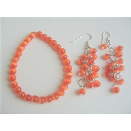TB536 Dark Orange Cats Eye Stone Bead Sterling Silver Chandelier Earrings Stretch Bracelet