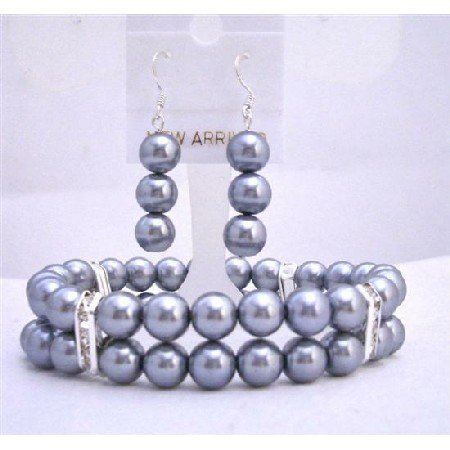 TB617 Grey Pearls w/ Sterling Silver Earrings Stretchable & Silver Rondells Spacer