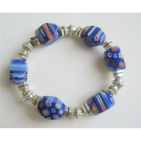 TB544 Millefiori Blue Beads Stretchable Bracelet w/ Different Shape & Size Bali Silver Spacer