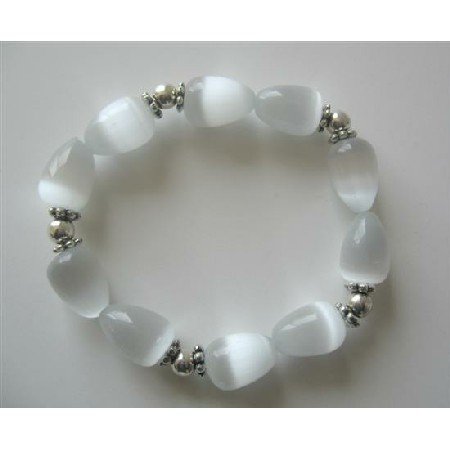 TB360 White Opal Teardrop Stretchable Bracelet Cat Eye Teardrop w/ Bali Rondells
