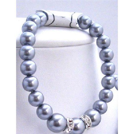 TB628 Grey Pearls Stretchable Bracelet w/ Silver Rondells Synthetic Pearls