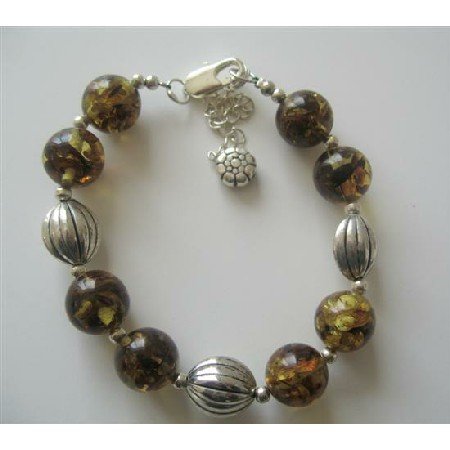 TB359 Olivine Amber Resin Beaded Bracelet w/ Rhodium Traditional Beads Bracelet