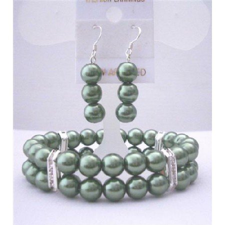 TB413 Green Pearls Jewelry Set Bracelet & Earrings Simulated Pearls Double Stranded Stretchable
