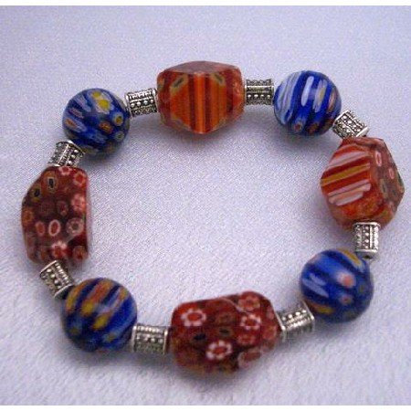 TB282 Shades Of Red & Blue Millefiori Stretchable Bracelet
