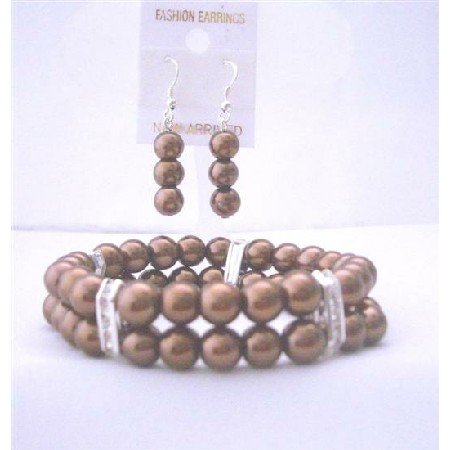 TB411Bracelet & Earrings Simulated Brown Pearls Double Stranded Stretchable w/ Silver Rondells