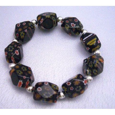 TB285 Black Millefiori Bracelet Stretchable Bracelet