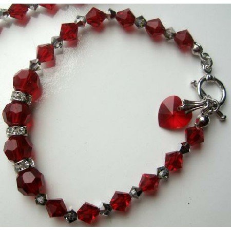 TB268 Elegant Heart Dangling Bracelet w/ Genuine Swarovski Red Siam Crystals & Toggle Clasp