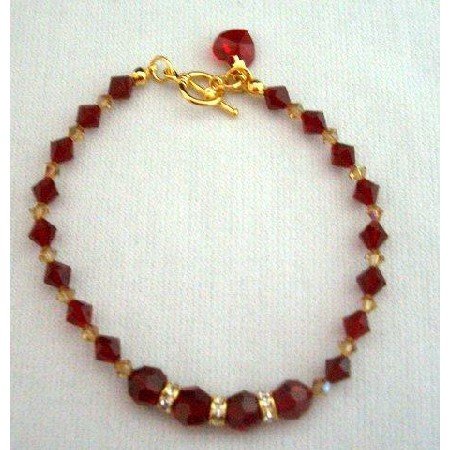 TB252 Swarovski Red Siam Crystals In 22k Gold Plated Bracelet w/ Heart Dangling Toggle Clasp