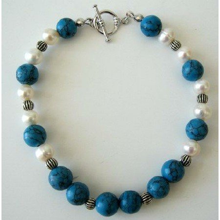 TB255 Freshwater Pearls Potato Shaped & Turquoise Bead w/ Bali Silver Bead
