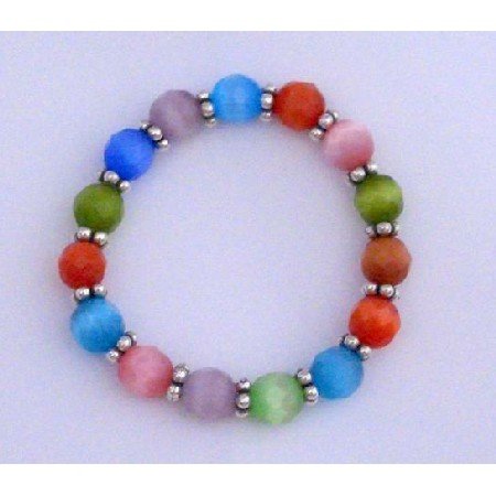 TB297 MultiColor Cat Eye Stretchable Bracelet w/ 9mm Faceted Beads & Daisy Spacing