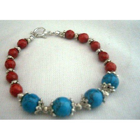 TB247 Handcrafted Bracelet Turquoise Coral Red Bead w/ Oxidized Bead Metal