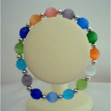 TB339 Multi colored Faceted Cat Eye Beaded Stretchable Bracelet w/ Silver Beads Spacing Bracelet