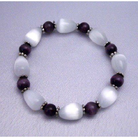 TB287 Genuine 12mm White Cat Eye Tear Drop Bracelet w/ Purple Cat eye