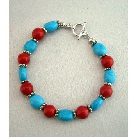 TB280 Handmade Flat Autumn Oval Turquoise & Coral Round Faceted Beads Bracelet w/ Toggle Clasp