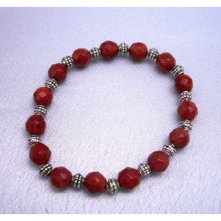 TB289 Custom Faceted 7mm Coral Faceted Beads Stretchable Bracelet
