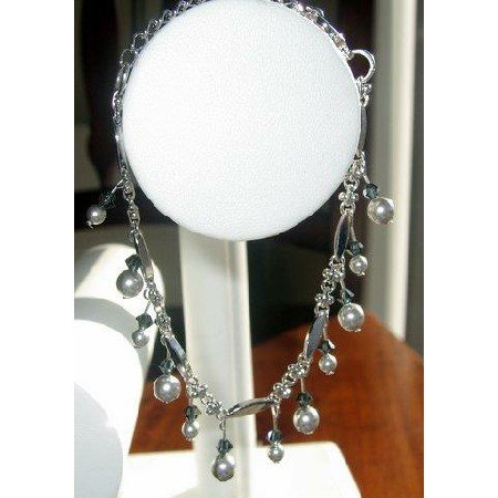TB202 Vintage Style Light Grey Pearls Hanging Bracelet
