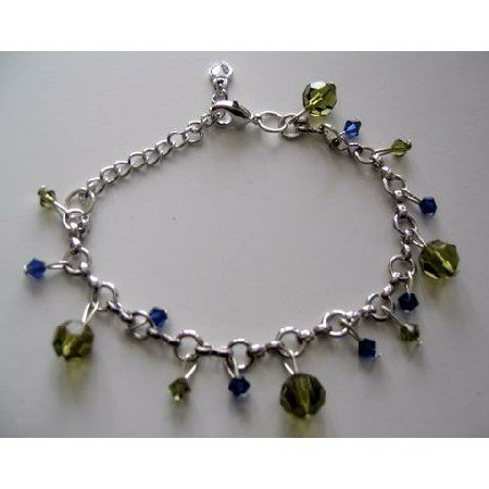 T241 Elegant Formal Bracelet in silver w/ Genuine Swarovski Tahitan and Sapphire Crystals hanging