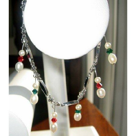 TB208 Gorgeous Fresh water Pearls white and Siam Red and Emerald Crystals