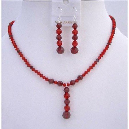 BRD735 Wedding Party Jewelry Set Light & Dark Siam Red Crystals Necklace & Earrings Set