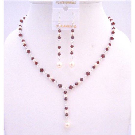BRD667 Dark Siam Red Crystals Drop Down Necklace w/ White Swarovski Pearls Jewelry Set