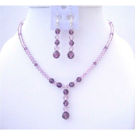 BRD421 Swarovski Amethyst Light & Dark Crystals Jewelry Set w/ Drop Down Wedding Bridal Jewelry