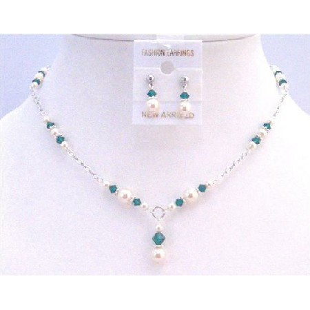 BRD837 Prom Jewelry Ivory Pearls Emerald Crystals Bridal Drop Down Necklace