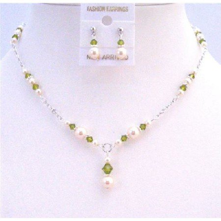 BRD839 Olivine Swarovski Crystals Ivory Pearls Jewelry Drop Down Necklace Set
