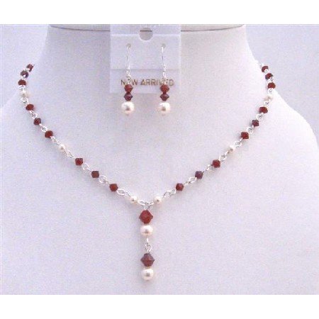 BRD863 Swarovski Ivory Pearls & Dark Siam Red Crystals Deep Red Bridemaids Prom Jewelry Set