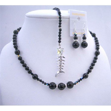 BRD653 Back Drop Pearls Crystals Necklace Set w/ Fish Pendant Dangling At Back Neckalce