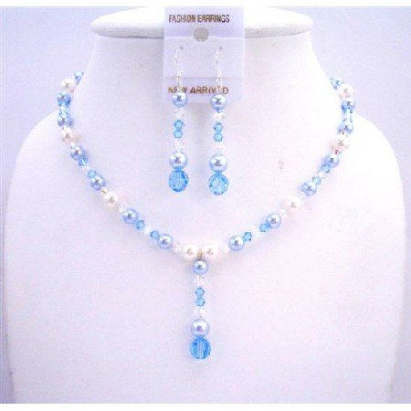 BRD576 White Pearls Aquamarine Pearls Aquamarine Crystals Necklace Set Wedding Jewelry Set
