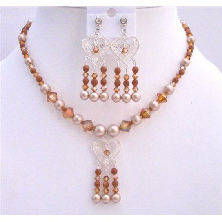 BRD685 Gorgeous Jewelry Powder Almond Pearls Set Necklace Sterling Silver Pendant & Earrings