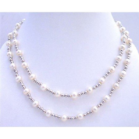 BRD708 Wedding Bridal White Freshwater Pearls Double Stranded Necklace w/Silver Beads