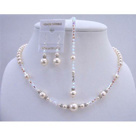 BRD649 AB 2x Swarovski Crystals w/ Ivory Pearls Bridal Jewelry Back Drop String Necklace Set
