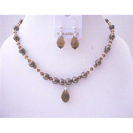 BRD507 Chocolate Brown Pearls & Swarovski Brown Crystals w/ Czeck Teardrop & Earrings