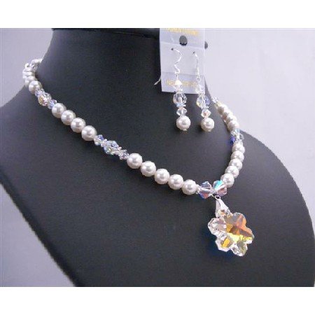 BRD672 Bridal Necklace Set AB Snowflake Crystals Pendant 25mm w/ AB Crystals Beads