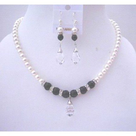 BRD511 White Pearls & Black Jewelry Sets Swarovski White & Black Pearls w/ Silver Rondells