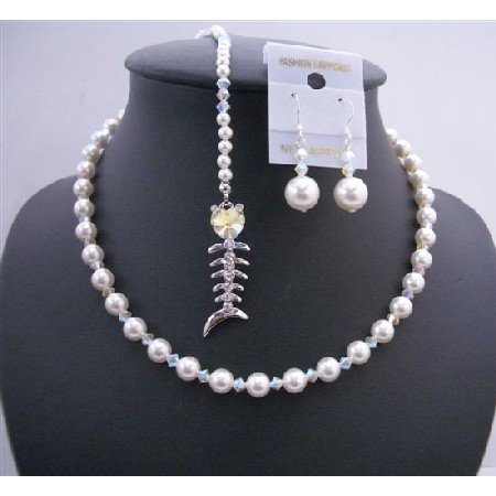 BRD650 Bridal Smashing Back Extension & Back Drop Pearls Crystals Necklace Set w/ Fish Pendant
