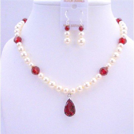 BRD694Handcrafted Bridal Jewelry Cream Pearls Siam Red Crystals w/ Siam Red Crystals Pendant
