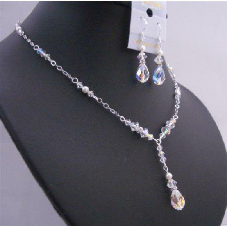 BRD673 AB Crystals White Pearls w/ Multifaceted AB Crystals Briollett Drop Down Wedding Jewelry Set