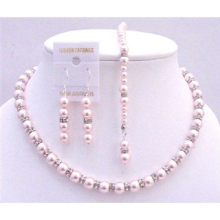 BRD684 Pink Pearls Back Drop Down Necklace Bridal Jewelry Set w/ Silver Rondells Necklace Set