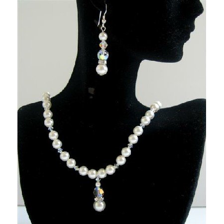 BRD594 White Pearls Genuine Swarovski AB Crystals Bridal Jewelry Handcrafted Necklace Set