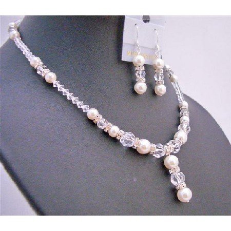 BRD682 Necklace Set w/ Genuine Swarovski Off White Pearls Clear Crystals Silver Rondells Jewelry