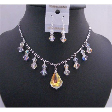 BRD674 AB Baroque Pendant Swarovski AB Crystals w/ Dangling AB Bicone Crystals Jewelry Set