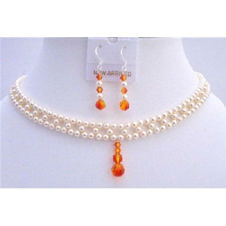 BRD702 Interwoven Necklace Bridal Jewelry Set Swarovski Ivory Pearls w/Fire Opal Crystals Drop Down